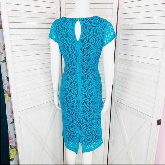Eva Mendes New York & Co. Lace Sheath Bodycon‎ Dress Teal Black 2 Cap Sleeve - Picture 4 of 11